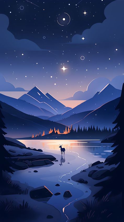 Clear stary late night sky, distant forests and mountains, single deer shadows can be seen on the frozen north lake, anime style art. Head Drawing Ideas, Deer Head Drawing, Late Night Sky, Deer Line Art, Aesthetic Deer, Deer Pretty, Night Sky Drawing, Deer Aesthetic, Drawing Deer