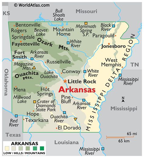 Arkansas Maps & Facts - World Atlas Mena Arkansas, Map Of Arkansas, Arkansas Map, Arkansas Road Trip, Jonesboro Arkansas, Arkansas Travel, American States, Rock River, Physical Map