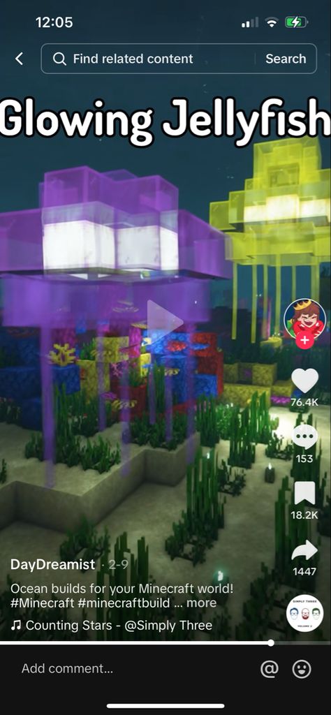 Minecraft Underwater Base Ideas, Aquatic Minecraft Builds, Minecraft Sea Creature Build, Minecraft Coral Reef Build, Jellyfish Minecraft Build, Fish House Minecraft, Underwater Minecraft Base, Ocean Minecraft Builds, Minecraft Aquarium Building