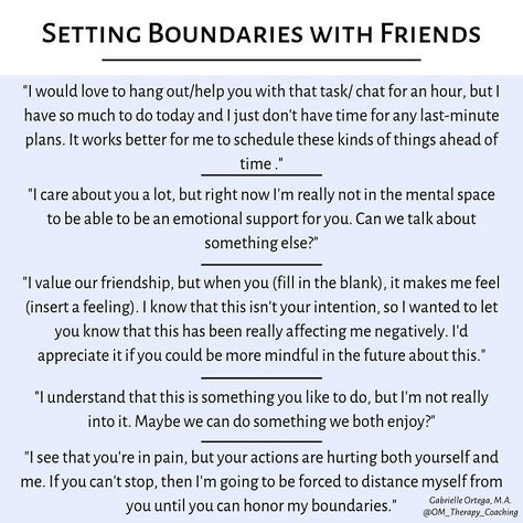 Gabrielle, MA, AMFT | Coach on Instagram: “👯‍♀️ Boundaries with Friends 👯‍♀️⁣ ⁣ Today let’s talk about setting boundaries with friends 👋🏼⁣ ⁣ Humans are inherently social creatures.…” How To Set Boundaries With Friends, Healthy Friendship Boundaries, How To Set Boundaries Relationships, Setting Boundaries Affirmations, How To Set Strong Boundaries, Setting Boundaries, Inner Child Healing, Boundaries, Self Care Activities