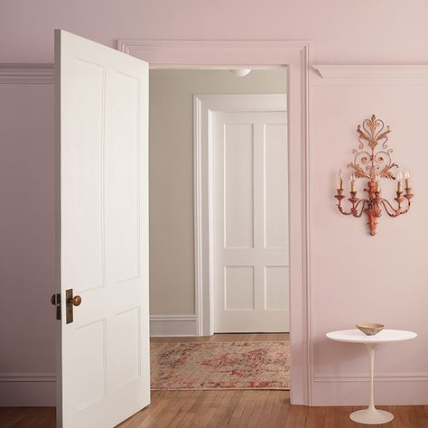 Pink Walls With Pink Trim, Pink Walls And Ceiling, Pink Hallways, Tone On Tone Wall Paint, Light Pink Wall Color, Pink Painted Room, Pink Room Paint, Light Pink Walls Bedroom, Pink Wallpaper Bedroom Ideas