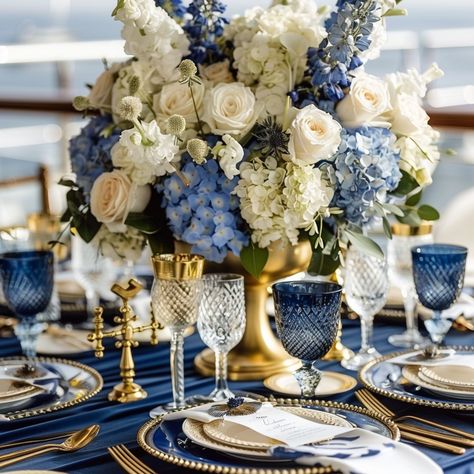 Create a captain's table vibe!  Nautical tablescape inspiration for your next event. Blue, white, and gold centerpiece.  #partydecor #nauticalparty #eventinspo #tablescapeideas Gothic Gardens, Enchanted Halloween, Halloween Centerpieces, Boho Wedding Backdrop, Jeweled Picture Frame, Blue Gold Wedding, Beach Bash, Fall Centerpieces, Gold Centerpieces