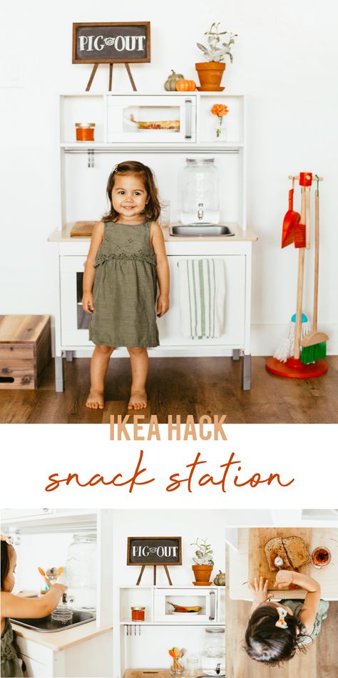 Montessori Kitchen Station Ikea, Toddler Self Serve Station, Ikea Kitchen Montessori, Montessori Self Care Station Ikea, Diy Montessori Kitchen Station, Montessori Ikea Kitchen, Ikea Montessori Kitchen, Toddler Snack Station, Montessori Kitchen Station