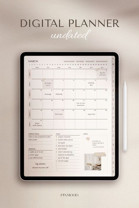 Undated Digital Planner Student Daily Planner, Ipad Planners, Free Printable Monthly Planner, Free Planner Templates, Weekly Planner Free Printable, Study Planner Printable, Undated Monthly Planner, Monthly Planner Template, Undated Digital Planner