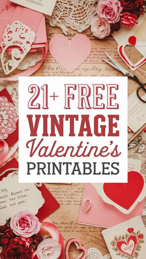 Free Valentine's printables with vintage designs and decorations, including hearts and flowers. Vintage Valentine Cards 1950s Free Printable, Vintage Valentine Cards Printable, Valentines Day Prints Free Printables, Vintage Valentine Printables Free, Valentines Card Templates Free Printable, Diy Vintage Valentines, Valentine Junk Journal Ideas, Valentines Junk Journal, Valentine Journal Ideas