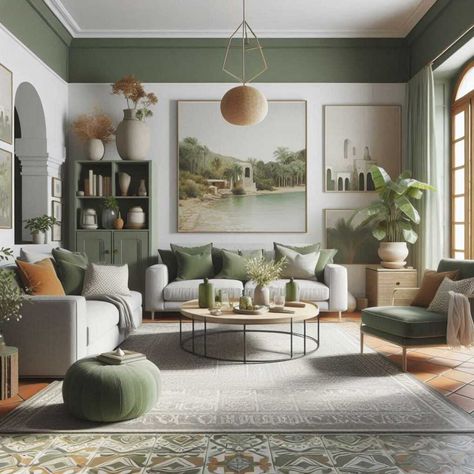 Grey Green Natural Living Room, Living Room Green Grey, Grey And Green Living Room Ideas, Grey And Green Living Room, Living Room Colour Ideas, Green Living Room Color Scheme, Room Colour Ideas, Living Room Color Ideas, Modern Living Room Colors