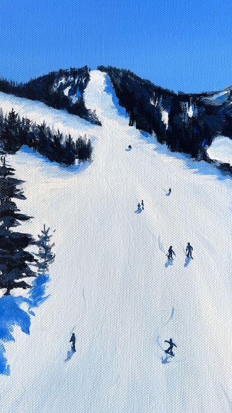 Blue and white painting of small skiers and snowboarders carving their way down the mountain. Inspired by Winter Park, USA Tela, Croquis, Skiing Canvas Painting, Ski Hill Painting, Skiing Painting Easy, Ski Painting Ideas, Ski Painting Acrylic, Winter Painting Landscape, Textured Ski Painting