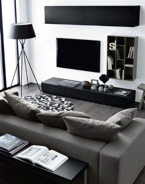 Living Room Interior Decorating For Men Bachelor Pad Living Room Ideas, Living Room Ideas For Men, Man Home Decor, Bachelor Pad Living Room, Minimalist Dekor, Furnitur Ruang Keluarga, Interior Decorating Living Room, Black And White Living Room, Modern Living Room Interior