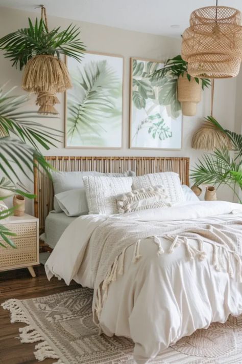 25 Boho Jungle Themed Bedroom Ideas That Are Jaw-Dropping - Boho Jungle Bedroom, Jungle Bedroom Theme, Jungle Themed Bedroom, Boho Chic Bedroom Decor, Bedroom Decor Bohemian, Jungle Bedroom, Simple Bedroom Design, Tropical Bedrooms, Rattan Headboard