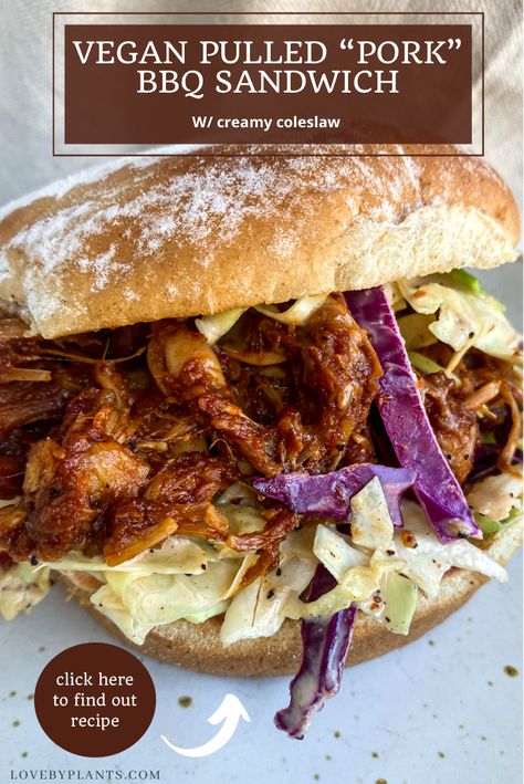 This BBQ pulled pork sandwich is made vegan by using jackfruit in a creamy bbq sauce; paired between hamburger buns and creamy coleslaw. Jackfruit Pulled Pork Sandwiches, Vegan Jackfruit Pulled Pork, Bbq Jackfruit Sliders, Jackfruit Bbq Pulled Pork, Vegan Pulled Pork Sandwich, Vegan Superbowl Snacks, Vegan Super Bowl, Jackfruit Pulled Pork, Super Bowl Snack