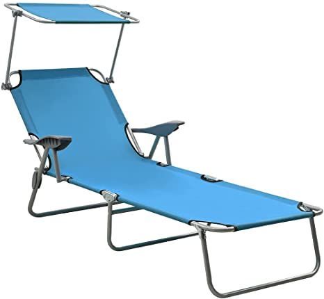 Sun Lounger,Folding Lounge Chairs for Outside,Beach Folding Lounge Chairs Folding Sun Lounger with Canopy Steel Blue Suitable for Swimming Pool, Balcony, Courtyard Etc