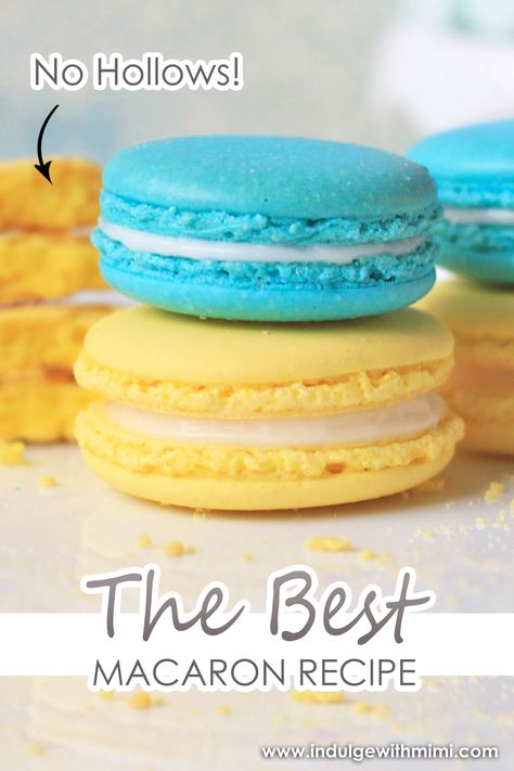 A stack of macarons with small feet with non-hollow macaron shells in the back. Macaron Recipe For Beginners, Perfect Macarons, Best Macaron Recipe, Easy Macaroons Recipe, Macarons Recipe Easy, French Macaroon Recipes, Macaron Template, French Macarons Recipe, Baking Techniques