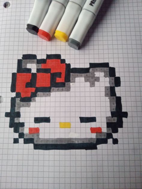 I just love to draw hello kitty if you guys have any suggestion pls let me know. Hello Kitty Square Drawing, Squared Notebook, Boondocks Drawings, Square Drawing, Diy Hello Kitty, Maths Paper, Notebook Drawing, Easy Pixel Art, Kitty Drawing