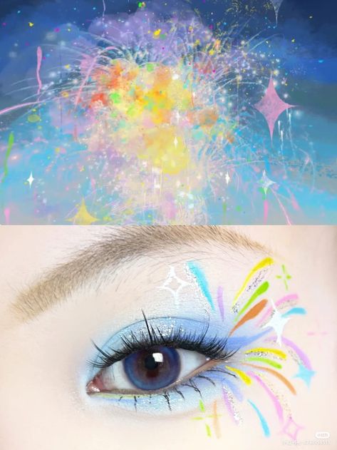 Firework Eyeliner, Firework Makeup Look, Fireworks Makeup, Firework Makeup, Bird Makeup, Anime Eye Makeup, Makeup Korean, Cute Halloween Makeup, Anime Makeup