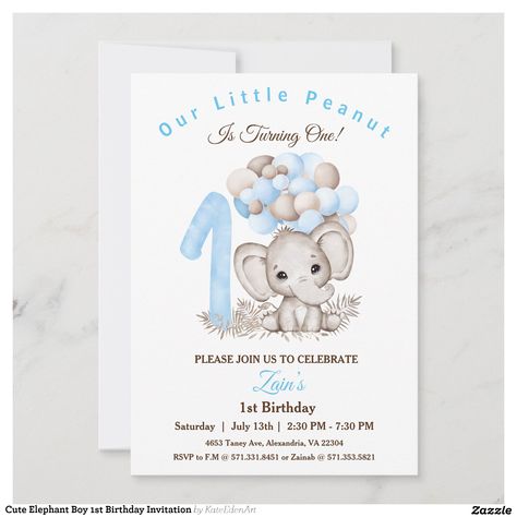 Create your own Invitation | Zazzle Elephant Birthday Party Boy, 1st Birthday Elephant Theme, First Birthday Invitation Cards, Elephant Birthday Party, Elephant First Birthday, Baby Birthday Invitations, First Birthday Cards, Birthday Cute, Elephant Birthday