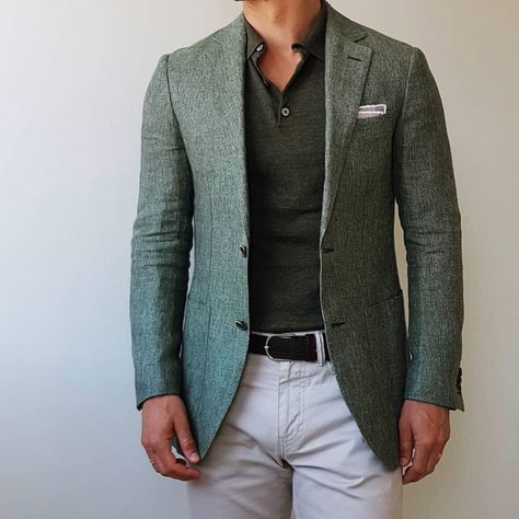 Image may contain: one or more people Business Casual Outfits For Men, Reception Suits, Best Business Casual Outfits, Olive Blazer, Blue Blazers, Linen Sport Coat, Blazer Men, Dress Men, Mens Apparel