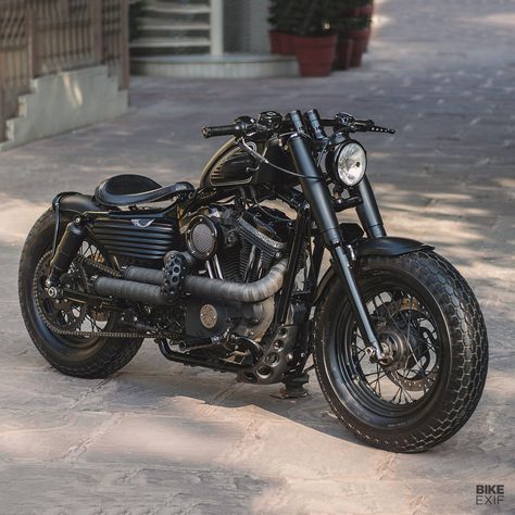 One of the hits of 'The No Show' hosted by Harley-Davidson: a murdered-out Sportster Forty-Eight by Rajputana Customs. Harley Sportster Custom, Harley Forty Eight Custom, Harley Davidson Forty Eight Custom, Harley 48 Forty Eight, Harley Davidson 48 Forty Eight, Rajputana Customs, Harley Sportster Bobber, Hd 883 Iron, Harley Sportster 48