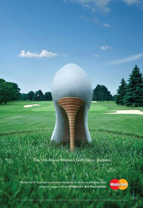 To promote the 12th anual women’s golf classic this smart print was made. A high heeled shoe or a golf ball on a tee? Striking resemblance. Mastercard: Women's golf | Creative Criminals Emotional Branding, Visual Puns, Clever Advertising, Commercial Ads, 광고 디자인, Design Page, Publicidad Creativa, Funny Ads, Great Ads