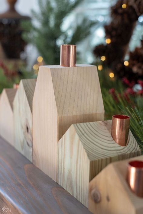 DIY Wood House Candle Holders | DIY Christmas village candle holders | Upcycled copper pipes | How to create a modern Christmas village | #TheNavagePatch #easydiy #Christmas #Upcycled #DIY #Holidaydecor #DIYChristmas #Christmascrafts # Christmasvillage #Christmaslights #DIYHomedecor #Holidays | TheNavagePatch.com Scrap Cedar Wood Diy Projects, Diy Wood House, Diy Wood Candles, Wood Candle Holders Diy, Diy Snowman Decorations, Copper And Wood, Tre Kunst, House Candle Holder, House Candle