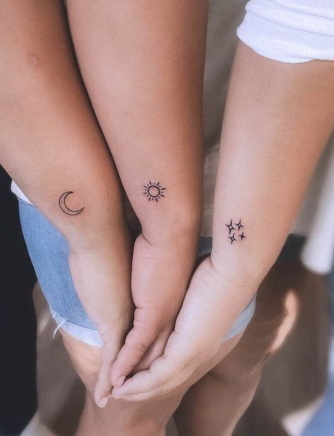 Small Tattoo For 3 Best Friends, 3 Sisters Matching Tattoos, 3 Friend Tattoo Ideas, Sister Trio Tattoo, Tattoos To Get With Your Sister, Sisters Tatoos Ideas, Mom And Daughter Tattoos Matching For 3, Three Sister Tattoos Matching, Three Sisters Tattoo Ideas