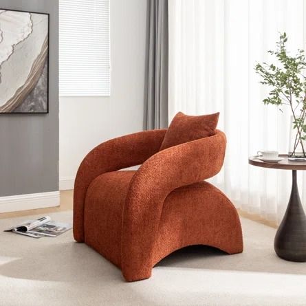 Wrought Studio Hijinio Upholstered Armchair | Wayfair Modern Leather Accent Chair, Orange Lounge Chair, Four Chair Conversation Area, Accent Chairs For Living Room Ideas, Bedroom Sitting Area, Apartment Finds, Orange Accent Chair, Dream Spa, Bedroom With Sitting Area