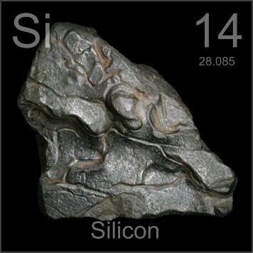 SILICON 14 Si Atomic Weight	 	28.0855 Density	 	2.33 g/cm3 Melting Point	 	1414 °C Boiling Point	 	2.9×103 °C Full technical data  >> The first stage of silicon refining produces this irregular blob. After additional purification the silicon is grown into large single crystals to be cut into wafers, after which computer chips are etched onto the surface. Scroll down to see examples of Silicon.  >> Periodic Table Poster, Chemistry 101, Periodic Elements, Animal Adaptations, Periodic Table Of The Elements, Secondary Science, Computer Chip, Cool Science Facts, Element Symbols