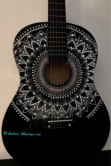 Hand painted guitar, Jane Kalmbach Mandala Art On Guitar, Painted Guitars Ideas, Painting On Guitar Ideas, Art On Guitar, Guitar Decor Ideas, Painted Guitar Acoustic, Painting On Guitar, Mandala Guitar, Guitar Art Diy