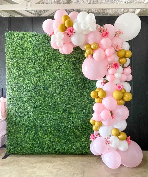 Pink Yellow Balloon Arch, Pink Yellow White Balloon Arch, Grass Wall Backdrop With Pink Balloons, Pink Balloon And Flower Backdrop, Pastel Yellow And Pink Balloon Garland, Boxwood Backdrop, Baby Shower Balloons, Balloon Garland, Balloon Decorations