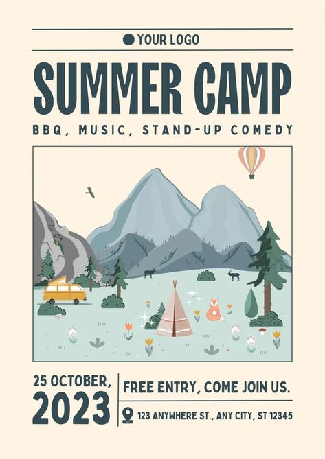 Film Camp Poster - Free & Premium Templates - Canva Summer Camp Graphic Design, Camping Graphic Design, Camping Poster Design, Summer Camp Poster Design, Summer Camp Flyer Design, Camp Flyer Design, Camp Poster Design, Summer Camp Poster, Camping Magazine