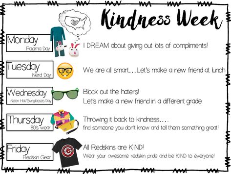 Kindness Week Ideas High School, Kindness Week Spirit Days, Kindness Spirit Week Ideas, Summer Spirit Week Ideas, Kindness Spirit Week, Student Council Ideas, Spirit Week Ideas, Spirit Weeks, National School Counseling Week