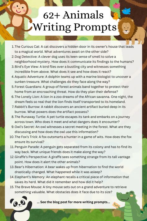 62+ Animals Writing Prompts To Spark Your Imagination | Imagine Forest 6th Grade Writing Prompts, Animal Writing Prompts, Dinosaur Books For Kids, Dystopian Writing Prompts, 6th Grade Writing, Writing Challenges, Animal Writing, Fairy Tale Writing, Writing Prompts Poetry