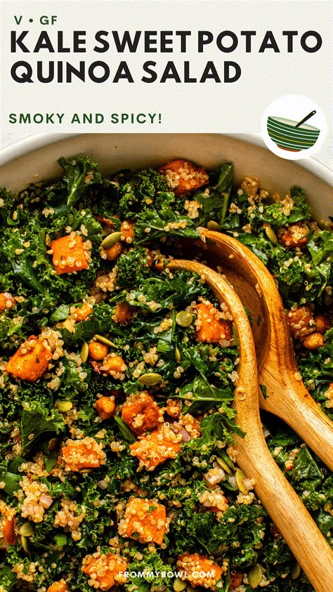 This Kale Sweet Potato Quinoa Salad puts a smoky-spicy twist on a classic winter salad! Roasted sweet potatoes, crispy chickpeas, chopped kale, and quinoa are drenched in a bold lemon-chipotle dressing to give you a wholesome meal with exciting flavors. Vegan and Gluten-Free. Kale And Corn Salad, Vegan Kale Recipes, Kale Sweet Potato Salad, Kale Sweet Potato, Sweet Potato Quinoa Salad, Salad Options, Roasted Veggie Salad, Sweet Potato Salad Recipe, Salads Vegan