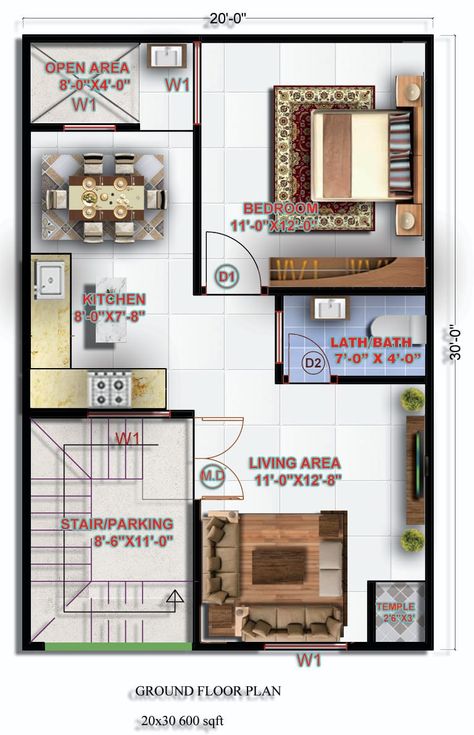 "Unlock the perfect blend of comfort and efficiency with this expertly designed 600 sq ft, 20x30 feet house plan! Ideal for small families or urban living, this plan maximizes every inch of space to offer a cozy bedroom, spacious living area, and functional kitchen. Don't wait to start your dream home project—download your ready-made PDF now from houseplanfiles.com and bring this vision to life!" This hook emphasizes the value of the plan, the convenience of having a ready-made PDF, and the ... 2bhk Plan With Dimensions, 20 By 30 House Plans Home, 20 30 House Plan, 20×40 House Plan, 20 X 30 Floor Plan Layout, 1 Bhk Interior Small Spaces, 20×30 House Plan, 600 Sq Ft House Plans, Plot Design