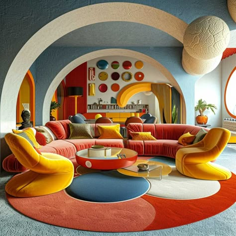 17+ Retro Futurism Interior Design Ideas for a Timeless Home • 333+ Images • [ArtFacade] 60s Retro Futurism Interior, Retro Pop Interior, Postmodernism Interior Design, 60s Futurism Interior, Space Age Design Interiors, Googie Interior Design, 60s Interior Design Retro, Space Age Kitchen, Retro Style Interior Design