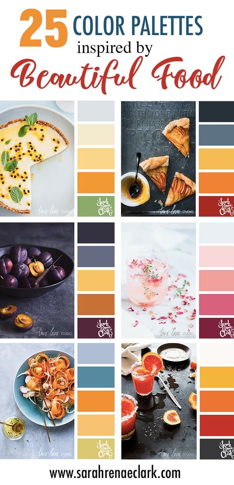 Get inspired by these beautiful color palettes - all inspired by photos of food! Find inspiration or the perfect color combination for your next project. Click to see all 25 color palettes inspired by beautiful food (photos by Rachel Korinek) - Find more colors at https://sarahrenaeclark.com #colorpalette #colorpalettes #color #colorscheme #colorschemes #colorful Food Color Combinations, Colors For Restaurants, Food Photography Color Palette, Appetizing Color Palette, Fresh Food Color Palette, Cookbook Color Palette, Food Blog Color Palette, Cooking Color Palette, Food Color Scheme