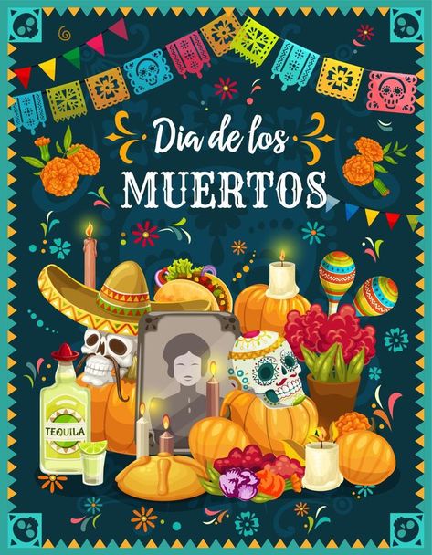 Sugar skulls on Mexican Day of the Dead altar Day Of The Dead Altar, Mexican Celebrations, Mexican Day Of The Dead, Skull Wreath, Mexican Sugar Skull, Pumpkin Vector, Manualidades Halloween, Harry Styles Wallpaper, Mexican Party