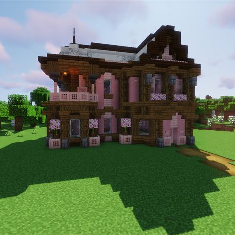 Pastel Goth Minecraft House, Pink And Black Minecraft House, Dark Oak And Cherry House Minecraft, Minecraft Houses Ideas Aesthetic, Pink And Purple Minecraft House, Mc Pink House, Pink Mc House, Pink Wood House Minecraft, 1.20 Minecraft House