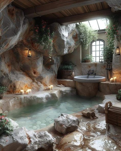 Extravagant Bathroom Ideas, Dream Shower Walk In, Bathhouse Aesthetic, Grotto Bathroom, Cool Bathtubs, Cute House Ideas, Cool Showers, Cool Bathrooms, Beautiful Showers