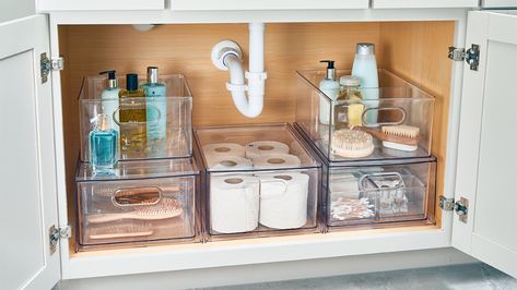 11 Genius Ideas to Up Your Under-the-Sink Storage Game Under The Sink Storage, Under Bathroom Sink, Bathroom Under Sink, Ikea Cabinet, Bathroom Sink Organization, Bathroom Sink Storage, Stackable Bins, Under Sink Storage, Under Sink Organization