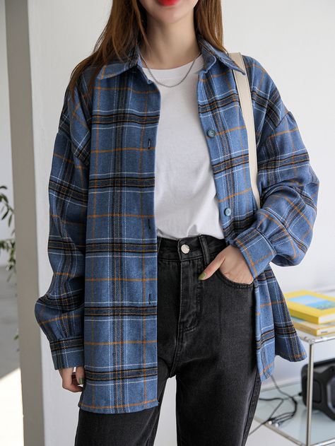 Multicolor Casual  Long Sleeve Polyester Plaid Shirt  Non-Stretch Spring/Fall Women Tops, Blouses & Tee Blue Check Shirt Outfit Women, Plaid Blouse Outfit, Check Shirt Outfit Women, Checkered Shirt Outfit, Checked Shirt Outfit, Drop Shoulder Blouse, Checked Shirt Women, Stylish Blouses, Printed Blouses