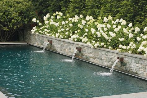 Raised Wall Pool, Pool With Wall Feature, Pool With Cascade Wall, Pool Water Feature Wall Ideas, Rectangular Water Feature, Pool With Wall Around It, Cottage Garden With Pool, Pool With Planter Wall, Pool With Water Feature Wall