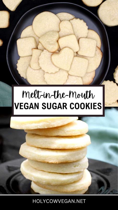 These vegan sugar cookies are light, tender, with crispy edges, and they melt in your mouth. #vegan, #sugarcookies, #cookies, #holidays | HolyCowVegan.net Vegan Cookies With Coconut Oil, Vegan Mexican Wedding Cookies, Vegan Cookies No Butter, Vegan Oil Free Cookies, Vegan Milano Cookies, Aquafaba Cookies, Gf Vegan Sugar Cookies, Gluten Free Vegan Sugar Cookies, Healthy Cookies Vegan