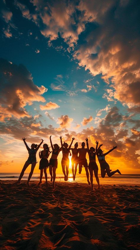 Joyful Sunset Celebration: A group of silhouetted friends celebrates joyfully on the beach against a breathtaking sunset backdrop. #sunset #beach #friends #celebration #silhouette #aiart #aiphoto #stockcake ⬇️ Download and 📝 Prompt 👉 https://stockcake.com/i/joyful-sunset-celebration_748869_761001 Beach Sunset Friends, Group Beach Poses, Happy Friend Group, Beach Group Photos, Beach Friend Group, Friends Group Pic, Group Beach Pictures Friends, Culture Photoshoot, Sunset Pictures With Friends