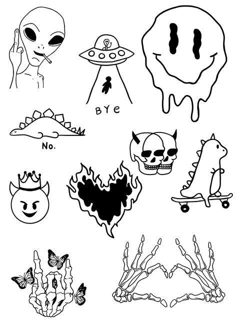 Small Punk Tattoos Simple, Tattoos With White Background, Alternative Tattoos Grunge Simple, Easy Linework Tattoo, Goth Patchwork Tattoo Ideas, Small Tattoos Easy, Simple Spooky Tattoos, Cute Skull Tattoos, Thick Tattoos