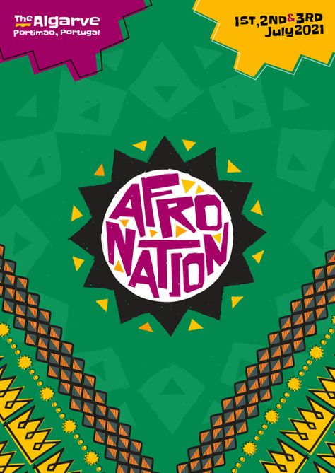 #Festival | Afro Nation #Portugal 2021 * Praia da Rocha, Portugal 1-3 July 2021 Afro Nation is a Portuguese Afrobeats, hip-hop, dancehall, bashment and R&B #festival held each summer on the beautiful Praia da Rocha beach, just south of Portimão. After having to postpone 2020's edition to July 2021, Afro Nation is raring to go again as it returns to the sunny shores of Portugal for another weekend in the company of some of urban music's biggest artists. Afro Nation's esteemed 2021 lineup will f Afro Festival Poster, Afro Poster Design, Afro Nation Festival, Afro Festival, Afro Poster, Afro Logo, Festival Logo Design, Music Festival Logo, Afro Music