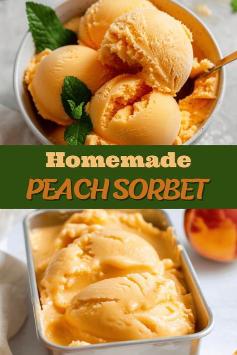 Hot Peaches Recipe, No Churn Sorbet, White Peach Recipes, Frozen Peaches Recipes, Easy Peach Desserts, Peach Sherbet Recipe, Summer Baked Goods, Peach Sherbert, Sorbet Float