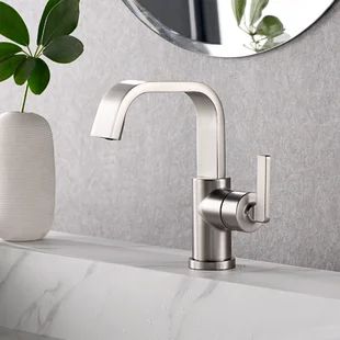 organnice Solid Brass Wall Mounted Bathroom Faucet | Wayfair Satin Nickel Bathroom Fixtures, Bathroom Fixtures Brushed Nickel, Bathroom Sink Faucets Modern, Bathroom Sink Faucets Chrome, Nickel Bathroom, Brushed Nickel Bathroom, Restroom Design, Wall Mount Faucet Bathroom, Single Handle Bathroom Faucet