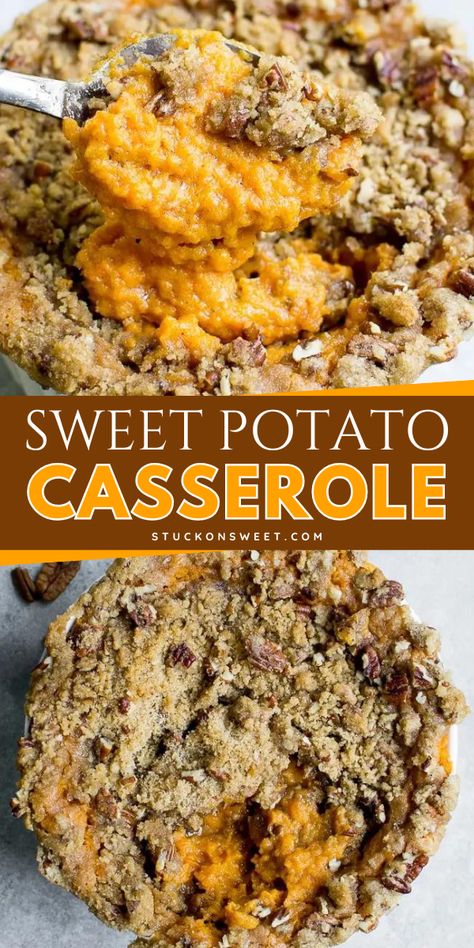 Enjoy your Thanksgiving dinner party with our sweet and crunchy sweet potato pie recipes! This savory sweet potato casserole is a standout among Thanksgiving side dish recipes, offering a delicious twist that will wow your guests! Pin this recipe now! Veg Casserole, Vegan Sweet Potato Casserole, Sweet Potato Casserole Easy, Slow Cooker Sweet Potatoes, Pecan Topping, Sweet Potato Recipes Casserole, Jello Shot, Thanksgiving Recipes Side Dishes, Easy Holiday Recipes