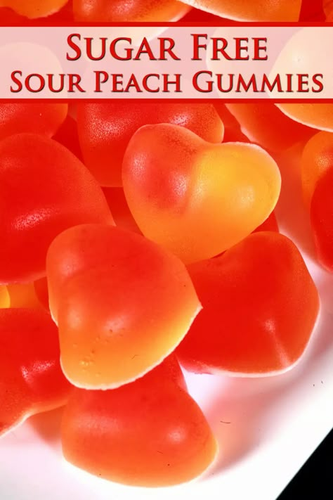 A plate of orange and red heart shaped gummy candy. Overlaid text says sugar free sour peach gummies. Sour Gummies Recipe, Sugar Free Candy Recipes, Peach Gummies, Sour Candy Recipe, Sugar Free Hard Candy, Healthy Gummies, High Protein Keto, Homemade Fruit Snacks, Healthy Popsicle Recipes