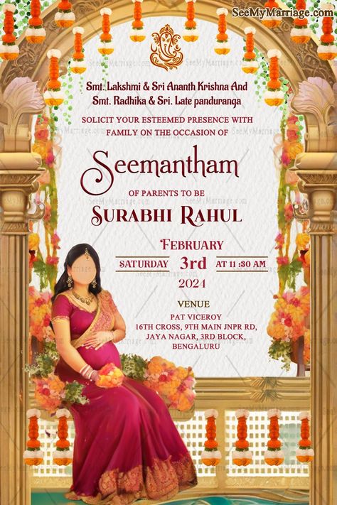 Traditional Caricature Baby Shower Invitation with Marigold and Golden Arch – SeeMyMarriage Baby Shower Ideas Invitation, Sreemantham Invitation Card, Baby Shower Invitation Cards Indian, Bangle Ceremony Invitation Card, Seemantham Invitation Card, Baby Shower Digital Invitations, Baby Shower Invitations Ideas, Babyshower Invites, Baby Shower Invitation Ideas